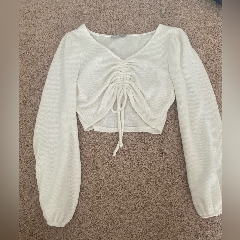 Papaya white dress top • size: medium • tie scrunch, cropped and cuffed sleeves